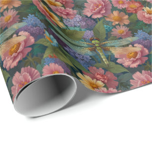 Papier Cadeau Vintage bohème chic pastel floral jardin libellule