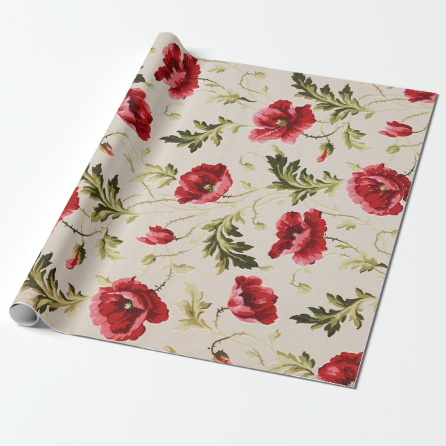 Papier Cadeau Vintage bright red poppies flower pattern  (Déroulé)