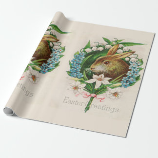 Papier Cadeau Vintage Bunny Floral Wreath Salutations de Pâques