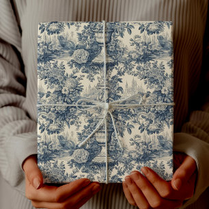 Papier Cadeau Vintage chic floral Bleu toile de jouy
