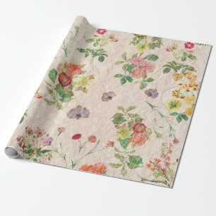 Papier Cadeau Vintage chic jaune rose joli motif floral