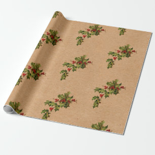 Papier Cadeau Vintage Christmas Holly et Berries