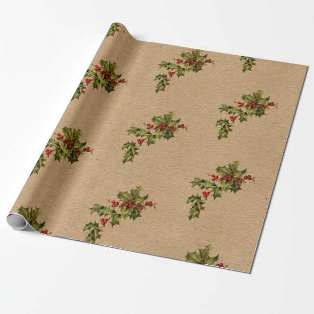 Papier Cadeau Vintage Christmas Holly et Berries (Déroulé)