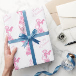 Papier Cadeau Vintage Christmas shopping girl rose<br><div class="desc">Une image vintage d'une fille avec des cadeaux de Noël dans un motif avec un faux-pied et le texte Joyeux Noël. En rose sur blanc.</div>