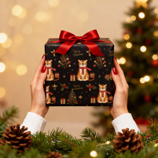 Papier Cadeau Vintage Christmas Tiger with Tree Black (Créateur téléchargé)