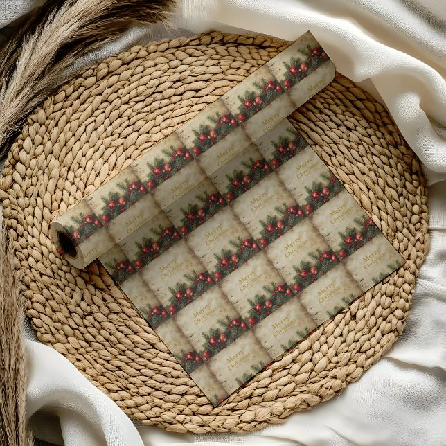 Papier Cadeau Vintage Christmas Wrapping Paper (Vintage Christmas wrapping paper — burnt parchment with red & green motifs for timeless gift wrap.!!)