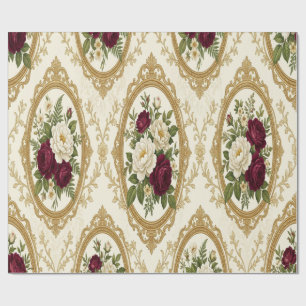 Papier Cadeau Vintage Cream Burgundy Roses Gold Frame Gift Wrap