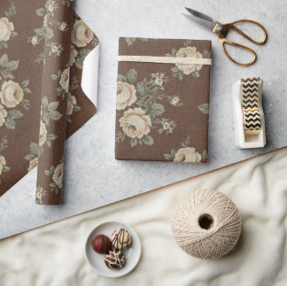 Papier Cadeau Vintage Cream Roses on Mocha Brown Pattern