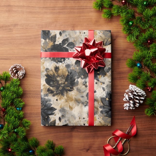 Papier Cadeau Vintage Distressed Black Flowers Beige Background (Cadeau de vacances)