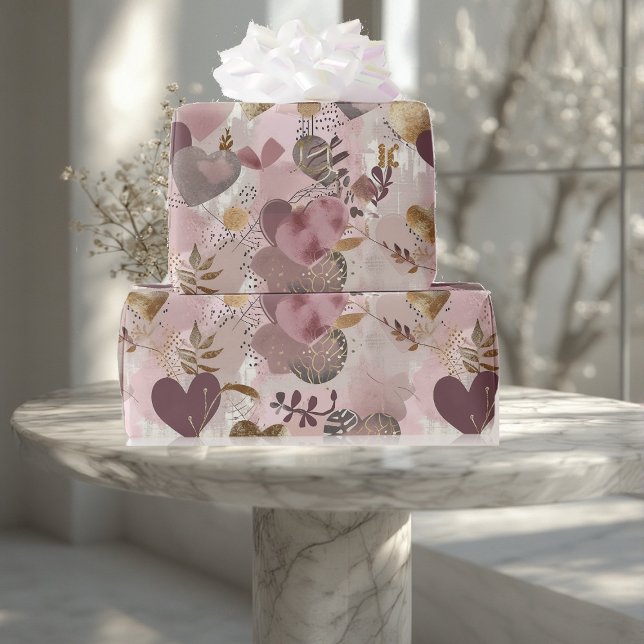 Papier Cadeau Vintage Distressed Romantic Muted Earthy Hearts  (Vintage Distressed Romantic Muted Earthy Hearts Wrapping Paper)