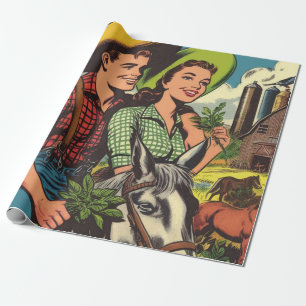Papier Cadeau Vintage Farm Love Couple Comics
