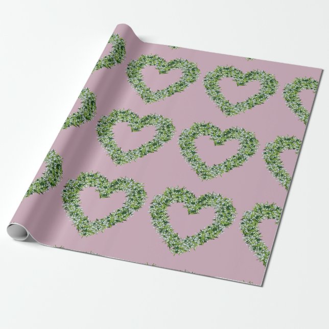 Papier Cadeau Vintage Fleurs blanches Coeur avec verdure (Déroulé)