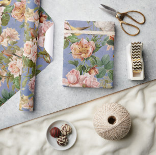 Papier Cadeau Vintage Floral Birds Cottagecore Blue Decoupage