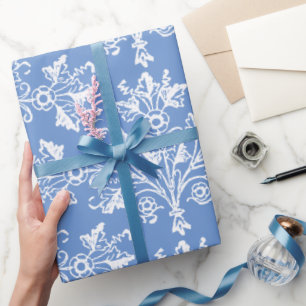 Papier Cadeau Vintage Floral Damask Blanc et Cornflower Bleu
