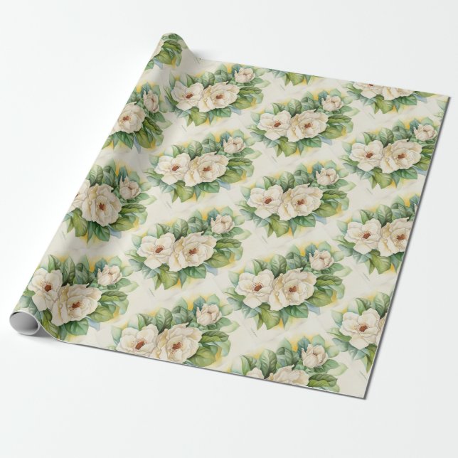 Papier Cadeau Vintage floral Magnolia blanc (Déroulé)
