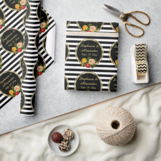 Papier Cadeau Vintage floral noir et blanc bande personnalisée