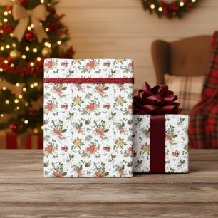 Papier Cadeau Vintage Floral Poinsettia Motif de Noël Blanc