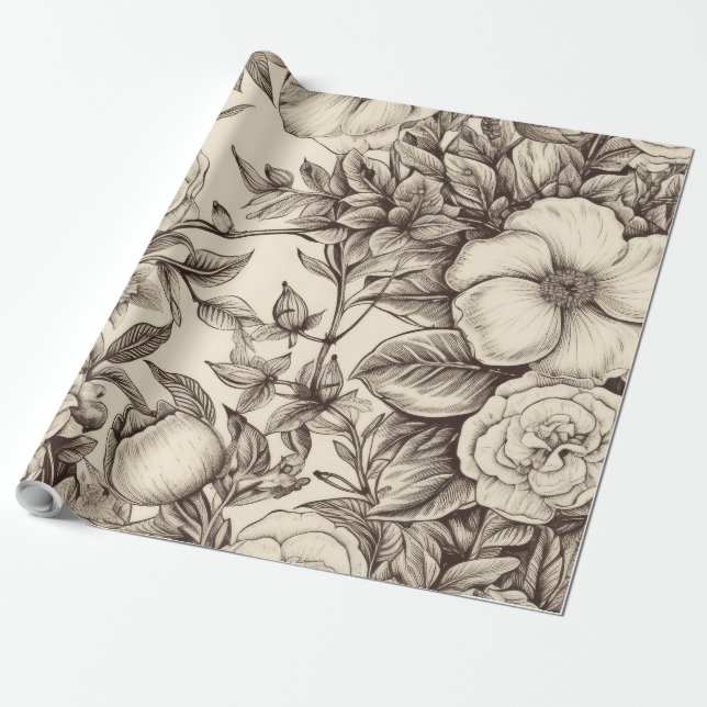Papier Cadeau Vintage Floral Sepia Motif (2) (Déroulé)
