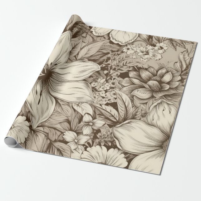 Papier Cadeau Vintage Floral Sepia Motif (3) (Déroulé)
