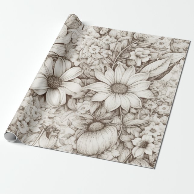 Papier Cadeau Vintage Floral Sepia Motif (5) (Déroulé)