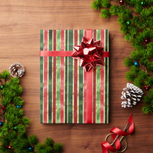 Papier Cadeau Vintage Gold Red Green Stripes Noël