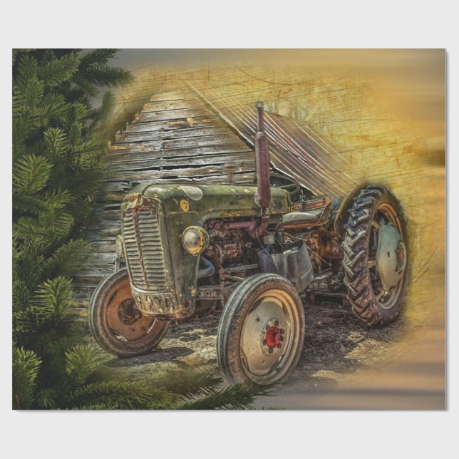 Papier Cadeau Vintage Green Tractor Rustic (Plat)