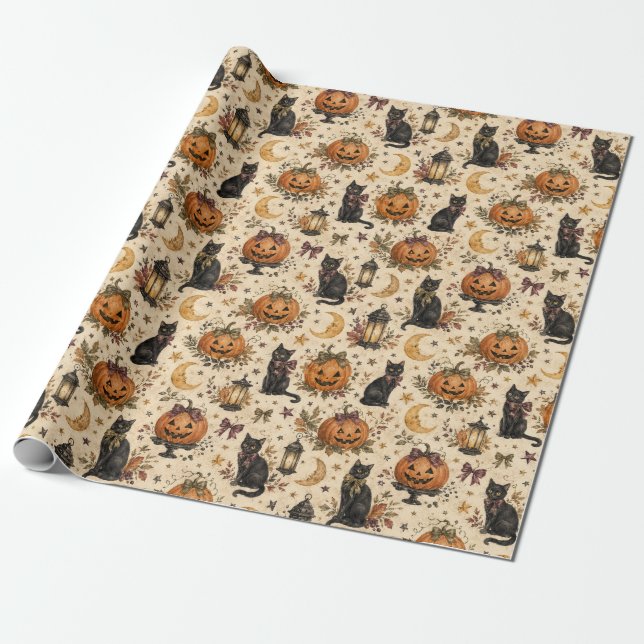 Papier Cadeau Vintage Halloween Chat Noir Citrouil (Déroulé)