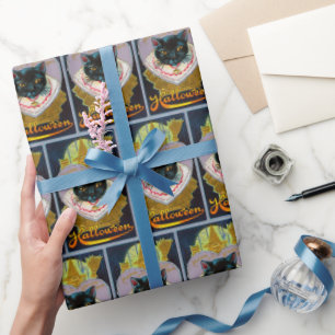 Papier Cadeau Vintage Halloween chat noir sorcellerie