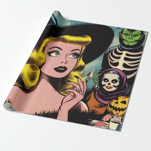 Papier Cadeau Vintage Halloween Witch Comics (Déroulé)