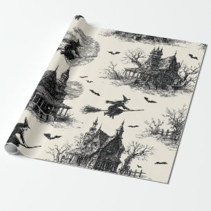Papier Cadeau Vintage Haunted House and Witch Toile Motif (2)