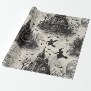 Papier Cadeau Vintage Haunted House et sorcier Toile Motif