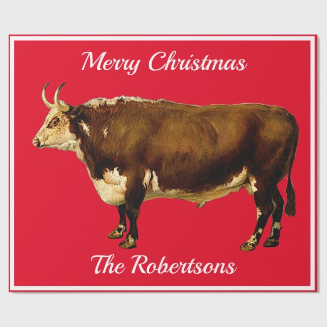 Papier Cadeau Vintage Hereford Bull sur Red (Plat)