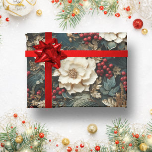 Papier Cadeau Vintage hiver rustique baies rouges Noël fleuri