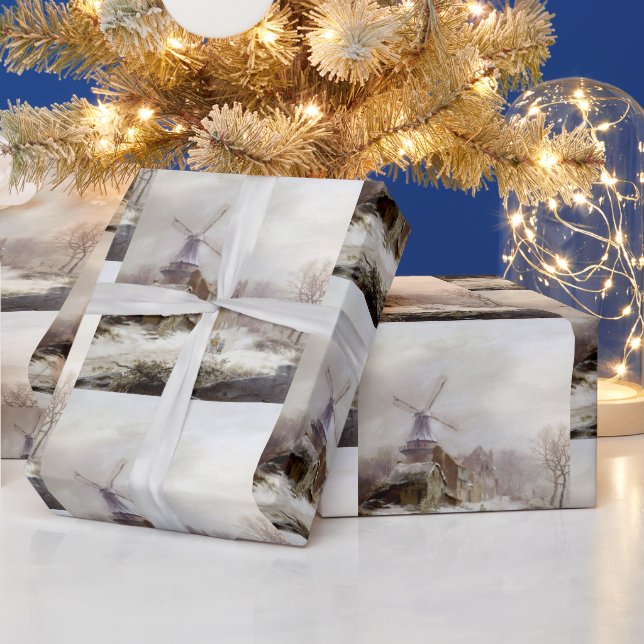 Papier Cadeau Vintage hiver Windmill paysage enneigé (Vacances)