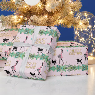 Papier Cadeau Vintage Lady marche caniche noire Joyeux Noël