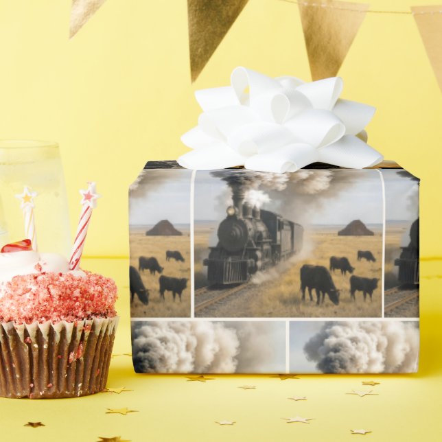 Papier Cadeau Vintage Locomotive Train with Cows (Fête d'anniversaire)