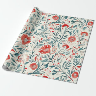 Papier Cadeau Vintage marguerite rouge motif floral - Botanique