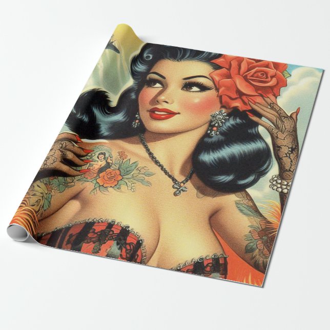 Papier Cadeau Vintage mignonne fille de tatouage (Déroulé)
