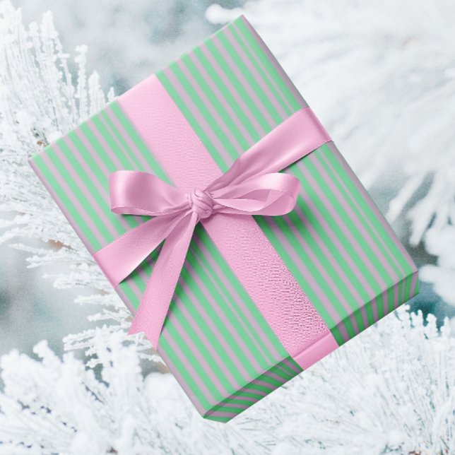 Papier Cadeau Vintage Mint Green Pink Stripe Christmas  (Tiny pink stripes on minty green! Holidays or anytime!)