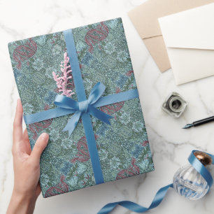 Papier Cadeau Vintage motif Floral Vert Bleu Rouge Blanc
