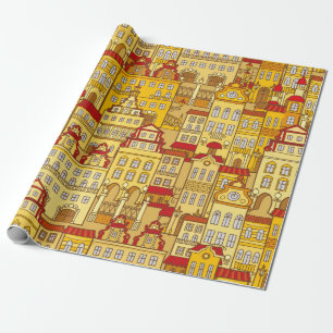 Papier Cadeau vintage motif sans couture avec maisons colorées.