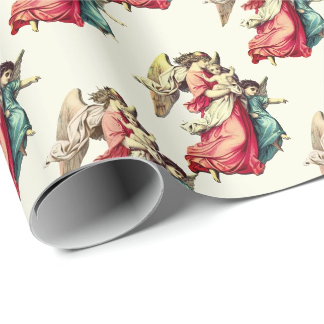 Papier Cadeau Vintage Noël Ange Enfants Vacances Ivoire (Coin rond)