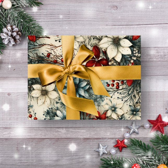 Papier Cadeau Vintage Noël botanique rouge hiver rustique (ELEGANT RED AND WHITE FLORAL CHRISTMAS WRAPPING PAPER )
