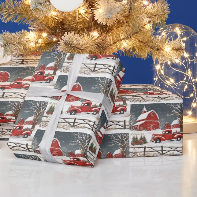 Papier Cadeau Vintage Noël Camion Rouge, Grange, Campagne (Vacances)