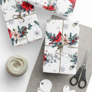 Papier Cadeau Vintage Noël Cardinal Poinsettia Motif