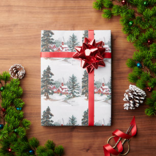 Papier Cadeau Vintage Noël Église Rouge Pins Arbres Neige