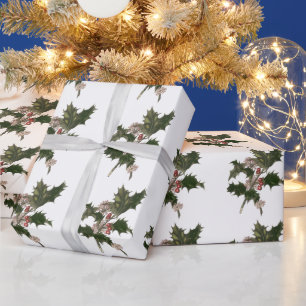Papier Cadeau Vintage Noël, Green Holly Plante avec baies