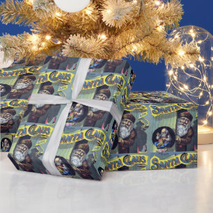Papier Cadeau Vintage Noël, le Père Noël et son livre d'œuvres