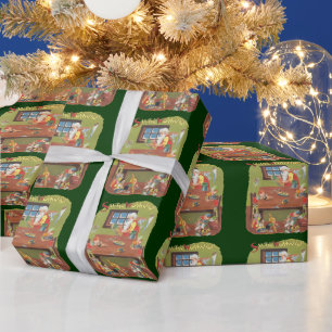 Papier Cadeau Vintage Noël Père Noël avec elfes dans l'atelier