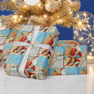 Papier Cadeau Vintage Noël Père Noël avec présents